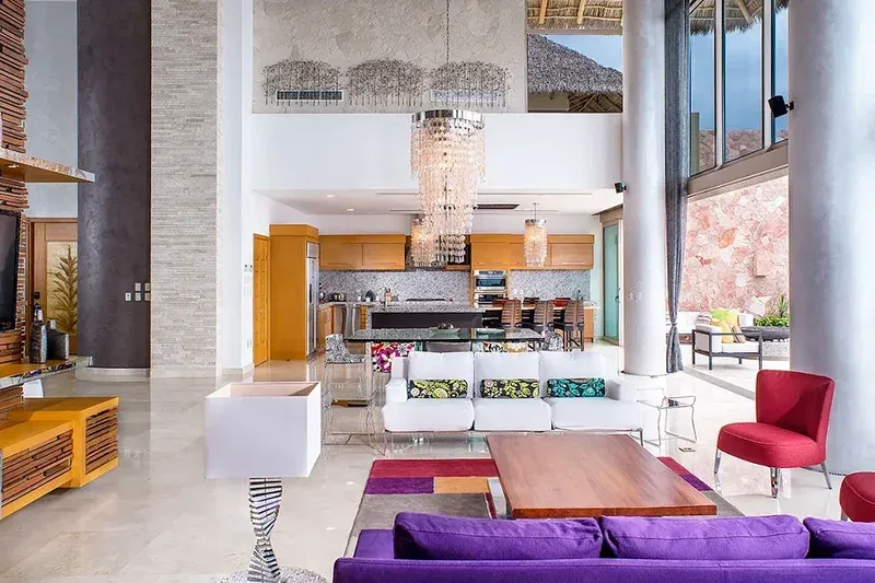 Split-level great room with gourmet kitchen and dining area