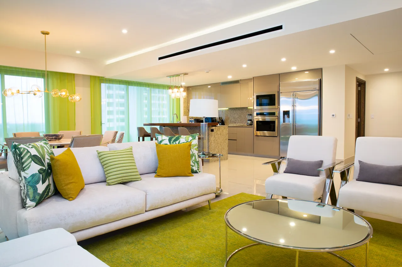 Living room with ocean views and open kitchen